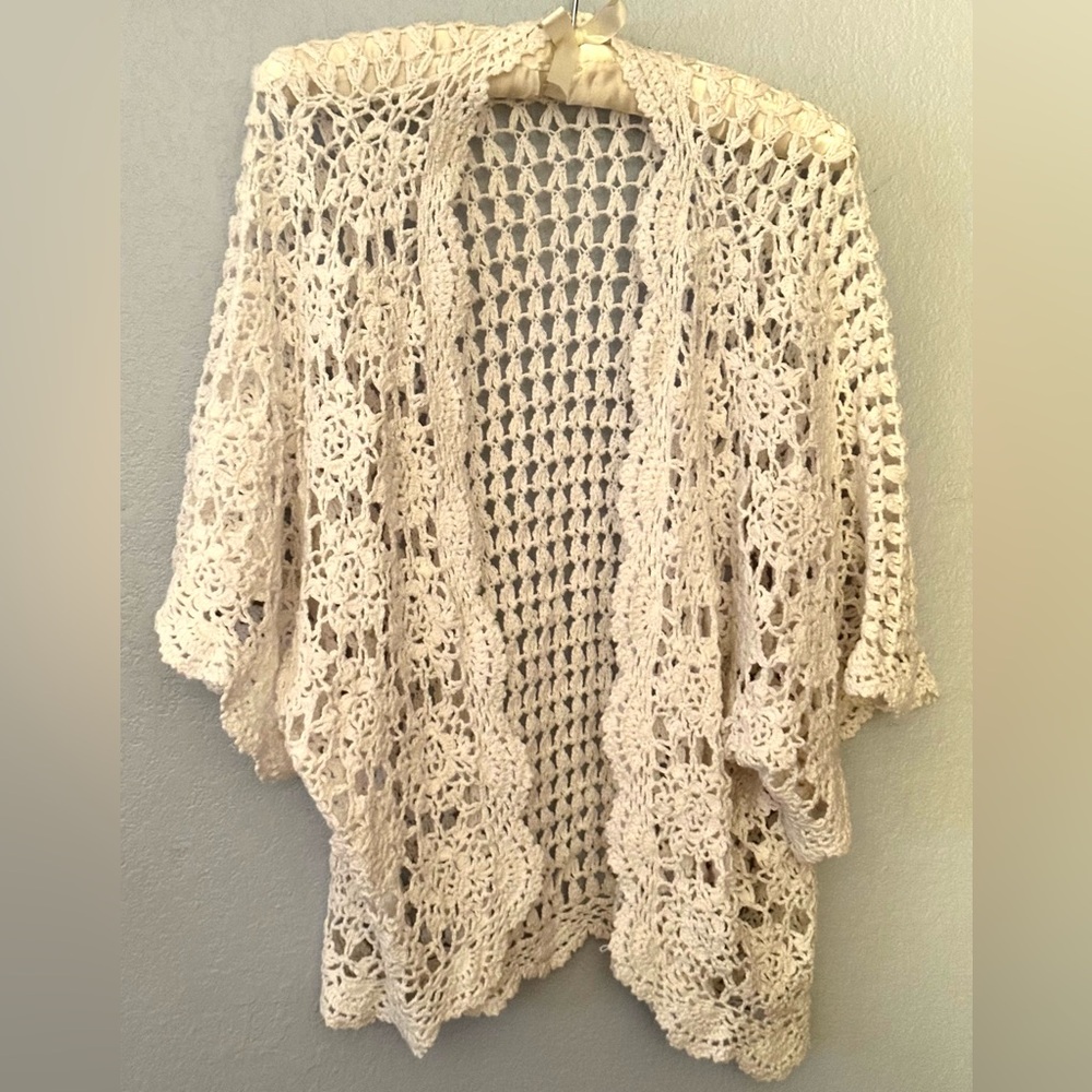 White Boho Crochet Women's Cotton Ramie Cardigan Floral